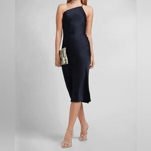 Express Asymmetrical Satin Navy Blue One Shoulder Spaghetti Strap 90s Slip Dress